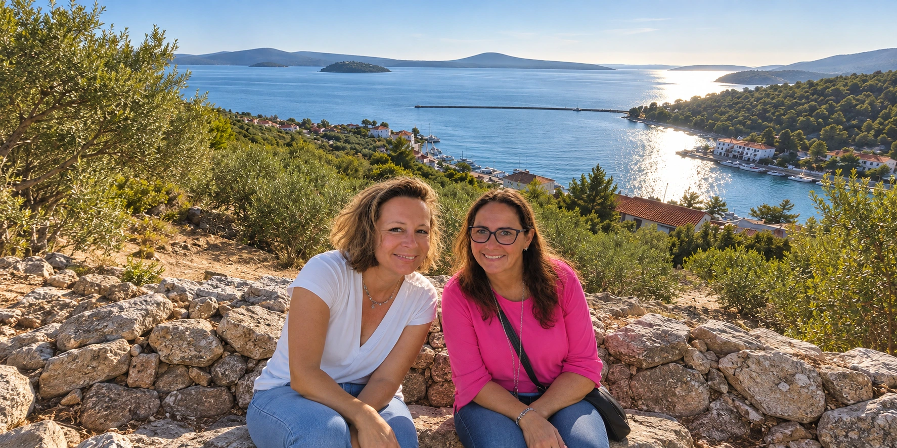 Heike und Julia mit Grundstück und Meer im Hintergrund.