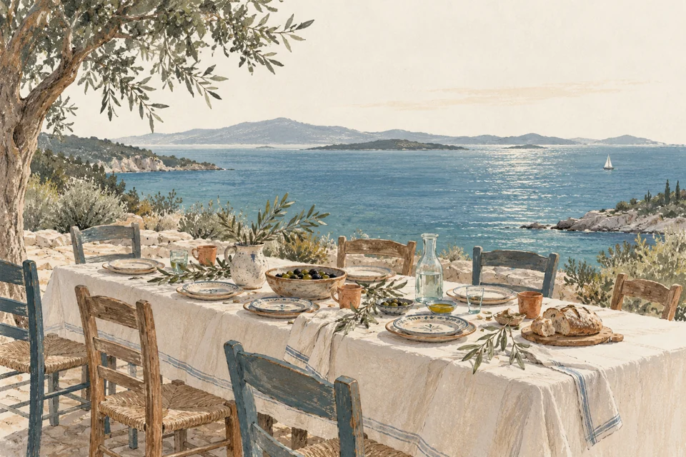 Mediterrane Illustration eines gedeckten Gemeinschaftstisches mit Oliven, Brot und Meerblick.