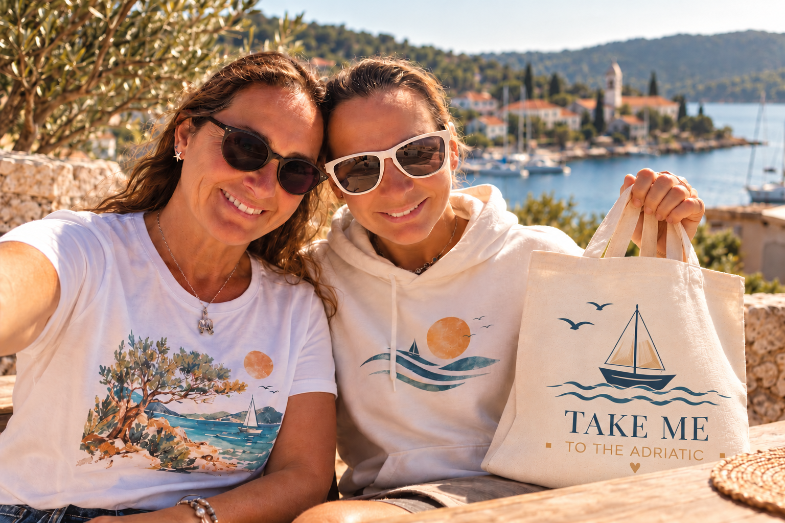 Heike und Julia an der Adria: mit Olivenbaum-Motiv auf dem T-Shirt, Sonne und Segelboot auf dem Pullover und einer Tasche mit der Aufschrift Take Me to the Adriatic.