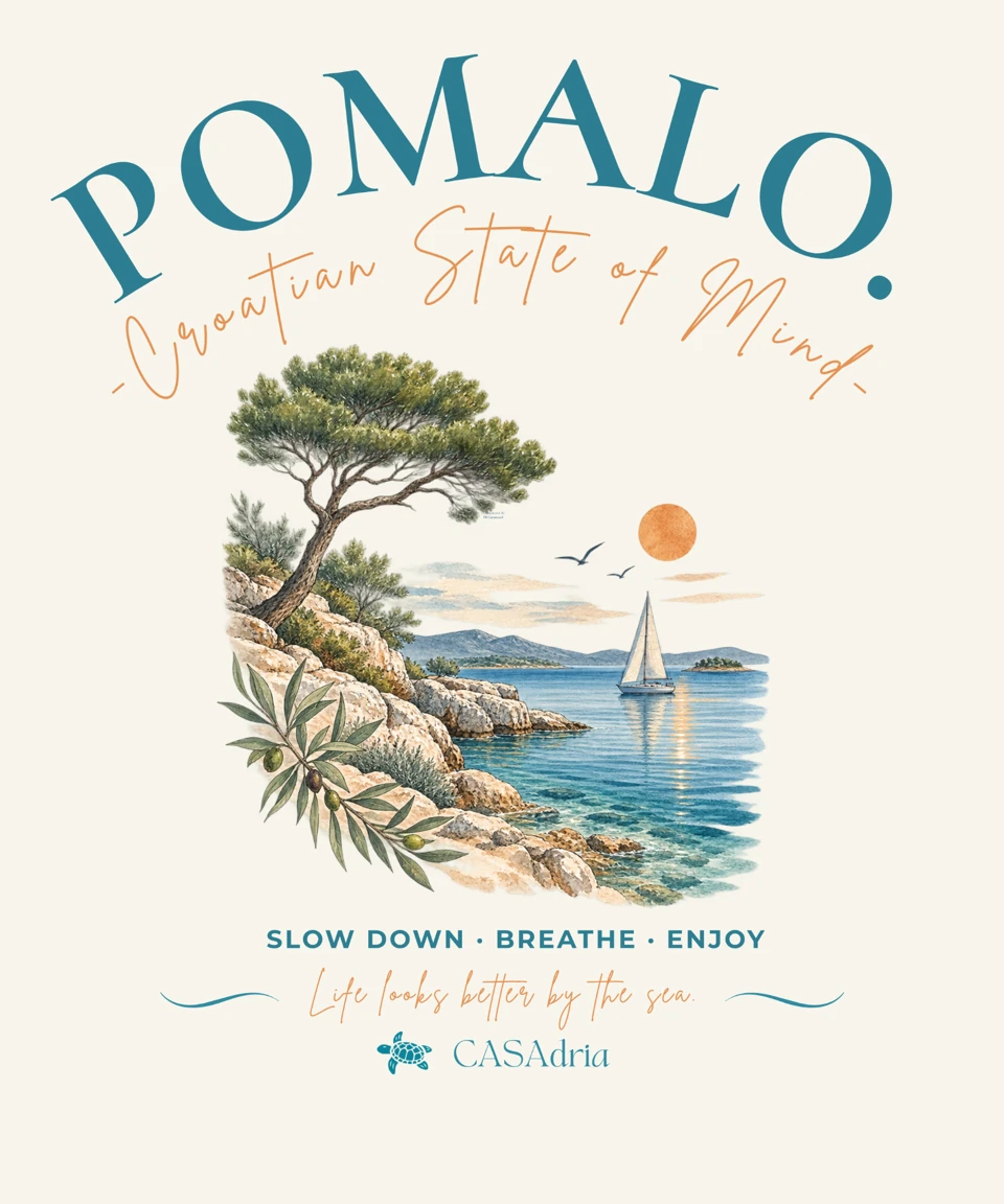 Originales CASAdria-Design POMALO – Croatian State of Mind mit mediterraner Küstenillustration.